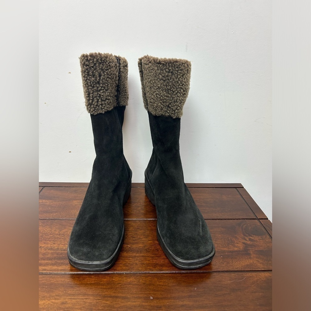 STUART WEITZMAN BLACK CHUNKY Y2K Sherpa Made Spain Minimalist Square Booties‎ 6